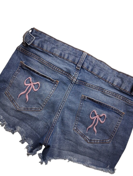 love trends Pants - Y2K Love Trends Denim Shorts with Bow Embroidery - Coquette Aesthetic